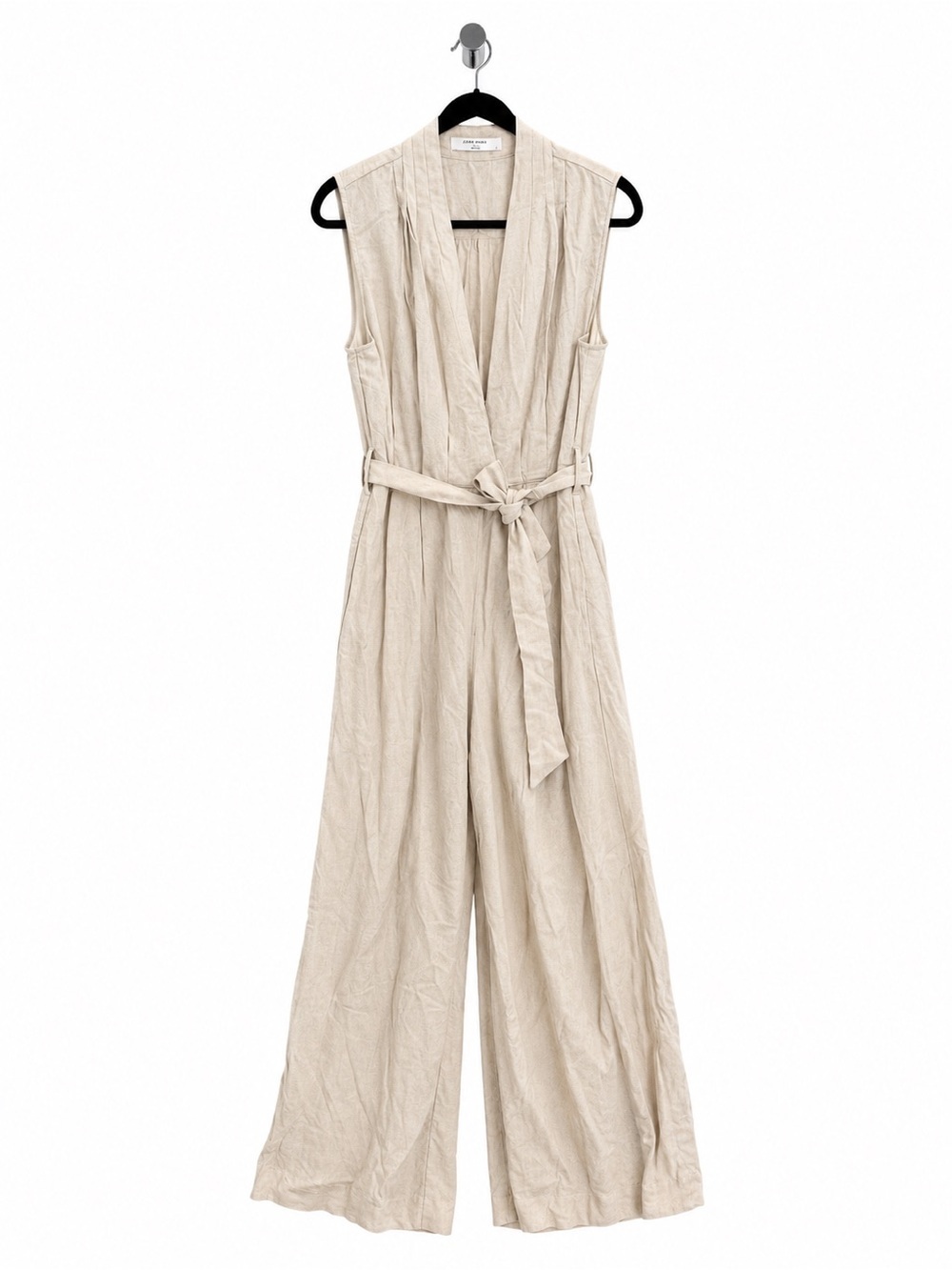 Commense Sleeveless V-Neck Tie-Waist Jumpsuit in Beige